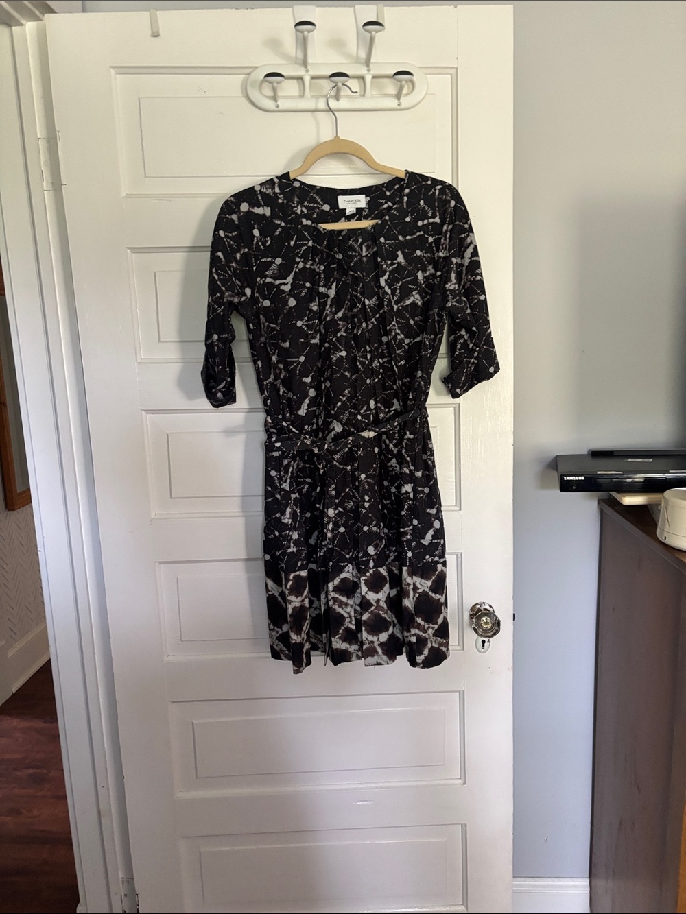 Black and White Tie Dye Patterned Women's Cotton Dress